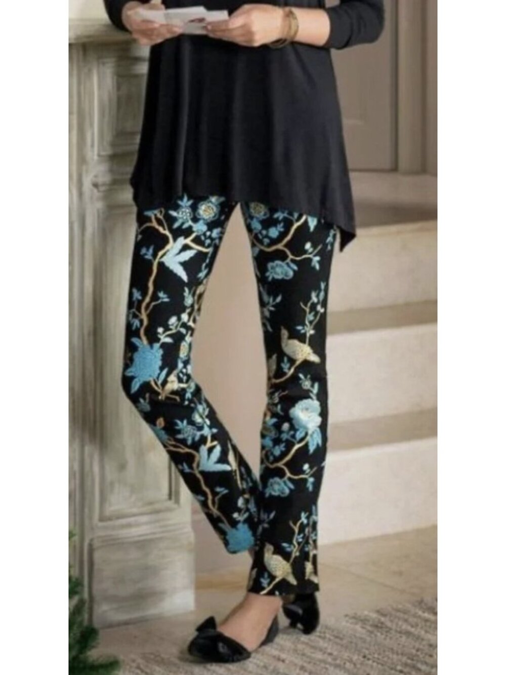 SOFT SURROUNDINGS Chinoiserie Asian Bird Print Ponte Pull On Pant Medium Stretch